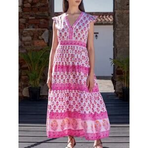 Bindu Celine Block Print Ruffle Sleeve Maxi Dress Size XS